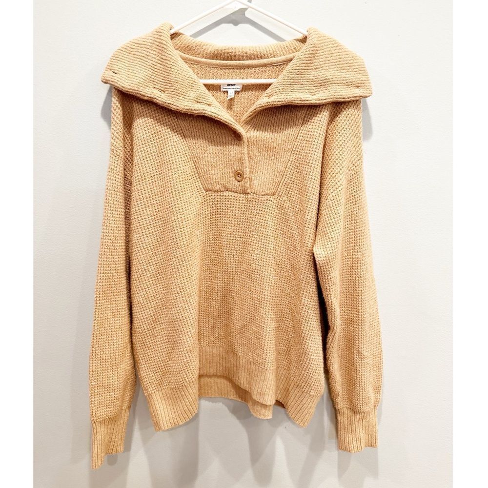 Aerie cozy up waffle button sweater tan